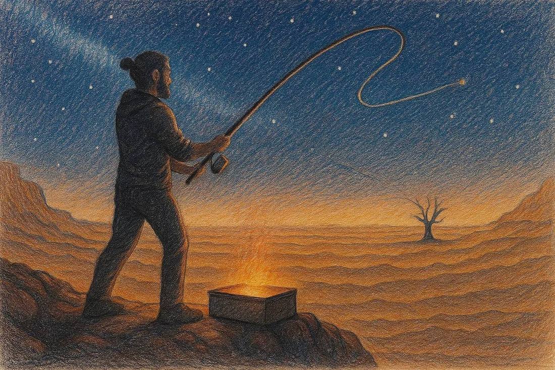A man casting a fishing line into a starry desert sky