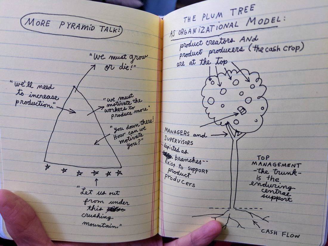 A notebook spread, a pyramid on one page and a plum tree on the other
