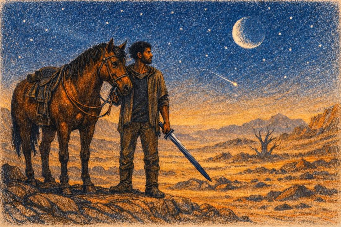 A swordsman and his horse under a desert night sky