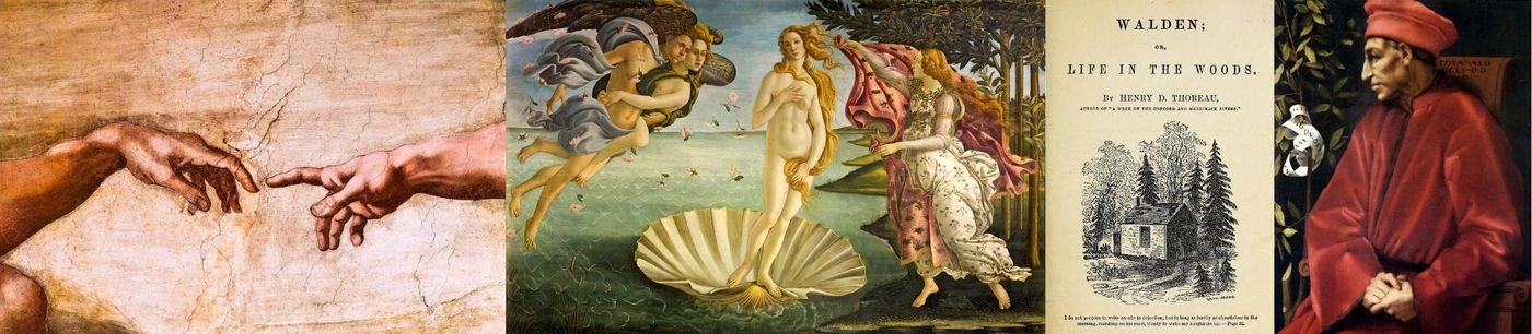 Details from Michelangelo, Botticelli, the title page of Walden, and Pontormo